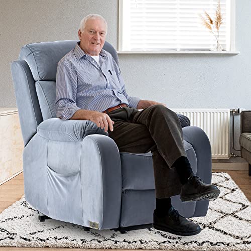 cinkehome Electric Power Lift Chair Recliners for Eldery-Recliners on Clearance Power Lift-Remote-Side Pockets-Soft Fabric-Dusty Blue