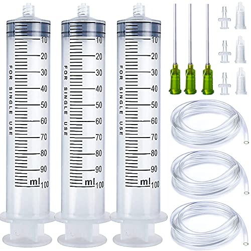 3 Pack 100ml/cc Large Plastic Syringe with Cap, 3Pcs 3.2ft Handy Plastic Tubing 14ga Blunt Tip and Luer Connections, Tubing Connnector for Scientific Labs, Measuring, Watering, Refilling, Filtration, Feeding