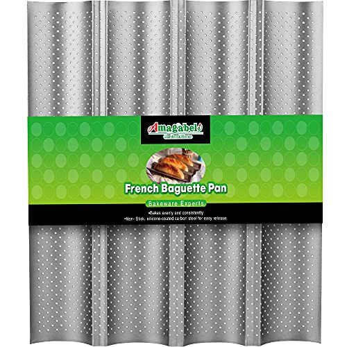 Amagabeli Baguette Pan 15" x 13" Commercial Carbon Stee Nonstick for French Baguette Baking Pan 4 Slots Bread Pans for Baking 4 Gutter Oven Toaster Pan Silver