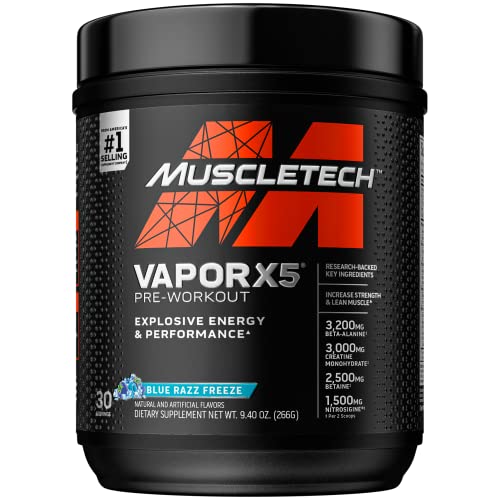 Pre Workout Powder MuscleTech Vapor X5, Pre Workout Powder for Men & Women, PreWorkout Energy Powder Drink Mix Sports Nutrition Pre-Workout Products, Blue Raspberry (30 Servings)-Package Varies