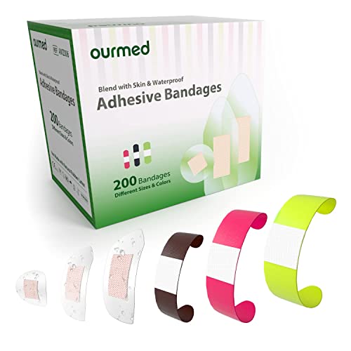 ourmed Flexible Fabric Bandages & Waterproof Clear Bandages with Non-Stick Pad, Latex Free, Rainbow Colors Adhesive Bandage First Aid Wound Care for Cuts, Scrapes, Blisters, Assorted Sizes,200ct