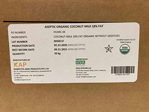 Organic Coconut Milk Bulk - 5.28 Gallon (44lb) No Guar Gum, No Preservatives, Gluten Free, Vegan and Kosher 18% Coconut Milk Fat, Unsweetened Bag in Box Shelf Stable