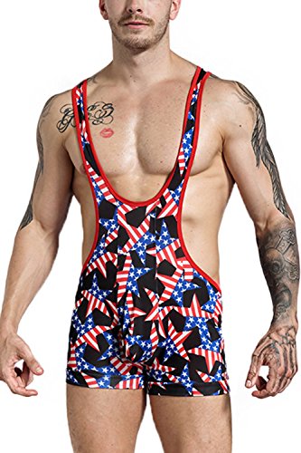 sandbank Men American Flag Wrestling Singlet Jockstrap Bodysuit Active Underwear (XL, Red & Blue #3)