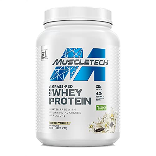 Grass Fed Whey Protein | MuscleTech Grass Fed Whey Protein Powder | Protein Powder for Muscle Gain | Growth Hormone Free, Non-GMO, Gluten Free | 20g Protein + 4.3g BCAA | Deluxe Vanilla, 1.8 lbs