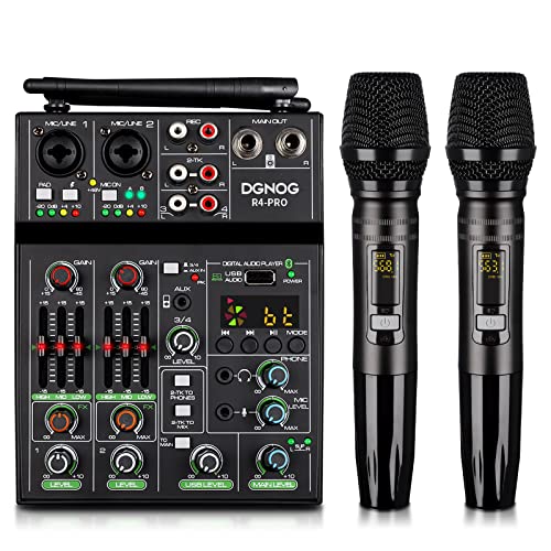 Professional Audio Mixer, 4 Channel Sound Mixer With Dual Wireless Mic, Sound Board Console MP3 Bluetooth 48V Phantom Power USB Interface DJ Mixing for Home Karaoke Party Computer Studio Recording