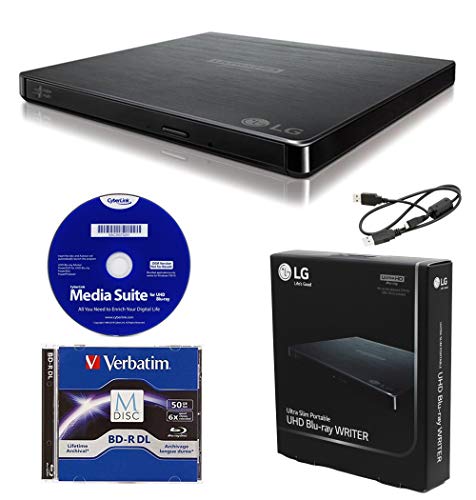 Produplicator LG BP60NB10 Portable 6X Ultra HD 4K Blu-ray Burner External Drive with CyberLink Software, 50GB M-DISC BD-R DL, and USB Cable - Burns CD DVD BD DL BDXL Discs