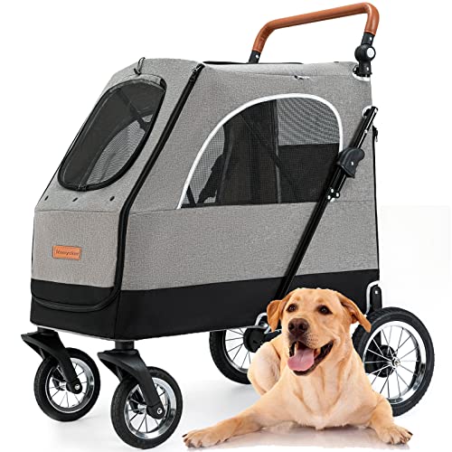 Dog Stroller for Medium Large Dogs - Kenyone Foldable Jogger 4 Wheels Pet Stroller with Adjustable Handle, Back/Front Entry, Breathable Mesh, Big Capacity Up to 140 lbs