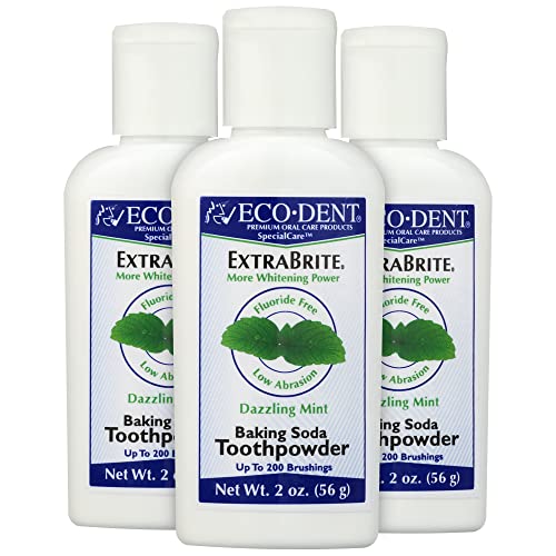 Eco-Dent ExtraBrite Vegan Tooth Powder, Low Abrasion Tooth Whitener, Fluoride Free, Teeth Whitening Powder Toothpaste with Baking Soda, Up to 200 Brushings, Dazzling Mint (3 Pack - 2 Oz Ea)
