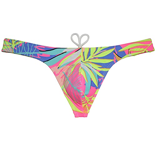 OROCOJUCO Sport Mens Print Thong Swimsuit Contour Pouch Bikini Swimwear Board Surf Short Trunks Swim Tangas Pink Leaf M