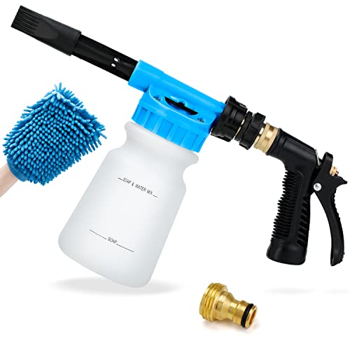 Ohuhu Car Wash Foam Gun for Garden Hose, Car Wash Soap Sprayer with 3/8" Brass Connector & Car Washing Mitts, Dual Filtration, 6 Levels of Foam Concentration, Quick Connect to Most Garden Hose (Blue)