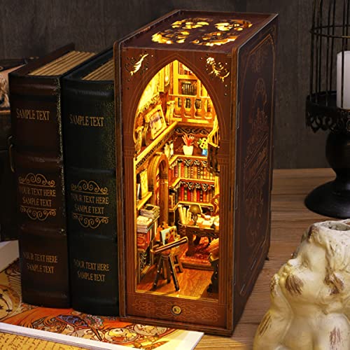 3D Wooden Puzzle Bookends, DIY Book Nook Kit, Magic Book House Model Building Kit Insert Decor with Sensor Light, Stand Bookshelf for Home Decorative Books Ornaments (Library of Books)