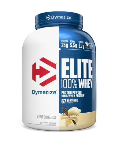 Dymatize Elite 100% Whey Protein Powder, 25g Protein, 5.5g BCAAs & 2.7g L-Leucine, Quick Absorbing & Fast Digesting for Optimal Muscle Recovery, Gourmet, 5 Pound Vanilla 80 Ounce