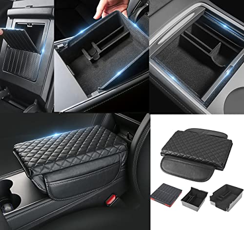 EVMODS for Tesla Model Y Model 3 Armrest Accessories Leather Cover Package 4Pcs Fit 2023 2022 2021 Center Console Storage Box and Arm Rest Cover Upgraded