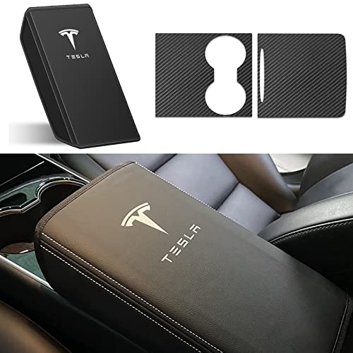 Uxcer Car Armrest Cover & Center Console Wrap Kit for Tesla Model 3/Y 2021 2022 2023, PU Leather Armrest Box Protector Cover & Carbon Fiber Console Cover for Tesla Interior Accessories (Black)