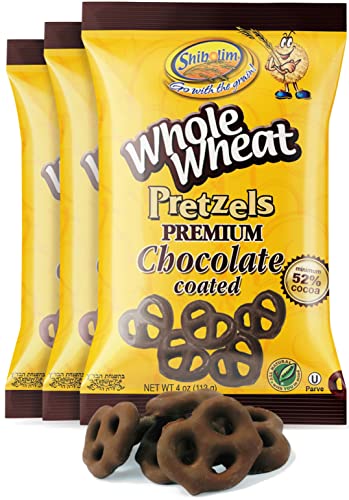 Shibolim Whole Wheat Dark Chocolate Covered Pretzels, 4oz (3 Pack) | Dairy Free | Premium Chocolate (52% Cocoa) | Whole Grain | Sweet & Salty Snack