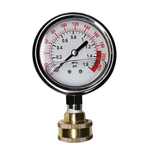 YZM Stainless Steel 304 Liquid Filled Water Pressure Test Gauge ,0-220psi, 2-1/2" Dial Display,Oil Gauge.Female 3/4" GHT Garden Hose Thread.