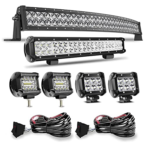 DOT 5D Curved 52" 300W Led Light Bar+20" 126W Led Light Bar+4X 4 Led Cube Pods+Wiring Kits for Driving Lamp Marine Boat Polaris Pioneer Can Am Defender Dodge UTV ATV Kubota Kawasaki Suzuki Pathfinde