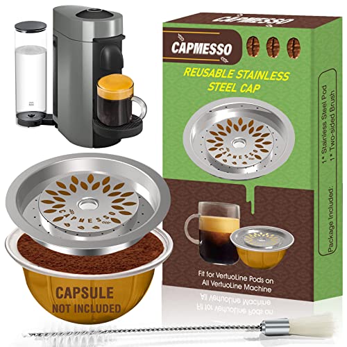 CAPMESSO Reusable Coffee Capsule Lid to Reuse Vertuoline Pods,Refillable Vertuo Capsules Cap Disc on All VertuoLine Machines- Bottom Capsules are Not included! (1*CAP + 1*BRUSH)
