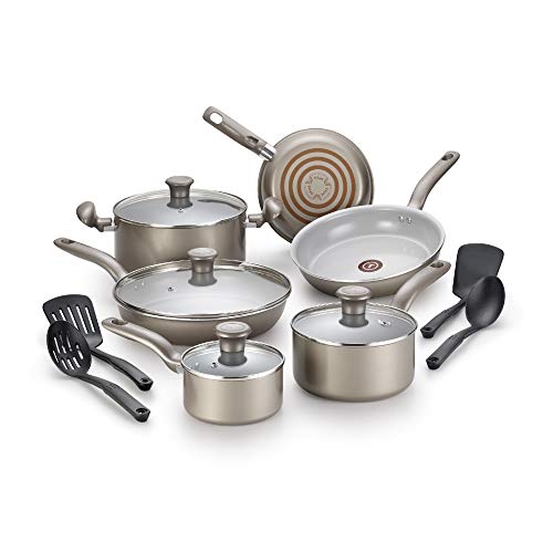 T-fal G919SE64 Initiatives Ceramic Nonstick Dishwasher Safe Toxic Free 14-Piece Cookware Set, Gold