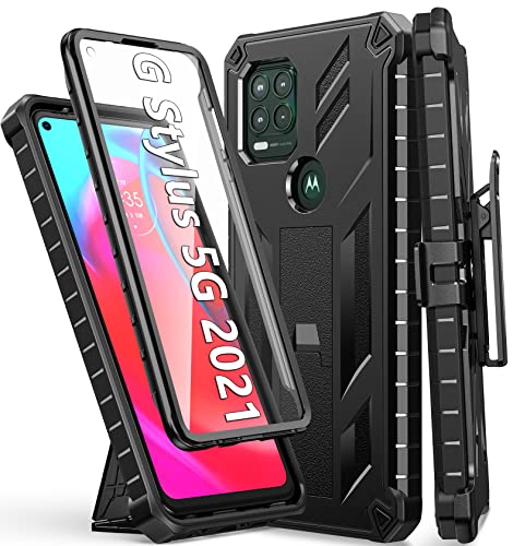 WTYOO for Motorola Moto G Stylus 5G (2021) Case: with Built-in Screen Protector & Kickstand & Belt Clip Holster, Full-Body Military Grade Dual Layer Protective Shockproof Rugged Phone Cover - Black