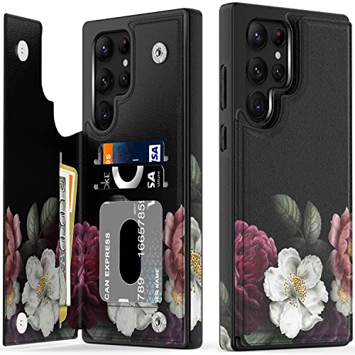 LETO Galaxy S22 Ultra Case,Flip Folio Leather Wallet Case Cover with Fashion Designs for Girls Women,Card Slots Kickstand Protective Phone Case for Samsung Galaxy S22 Ultra 6.8" Cute Florals