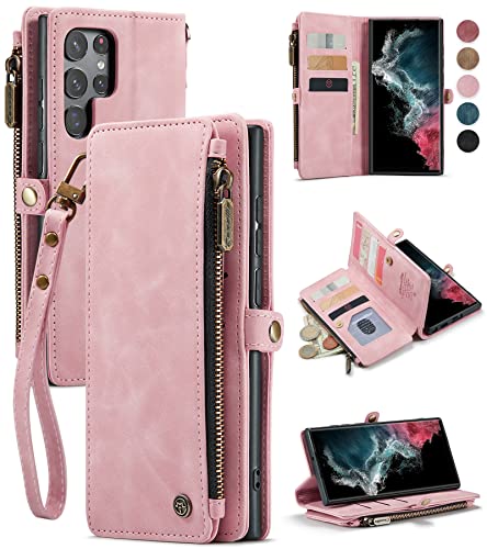 Defencase Samsung Galaxy S22 Ultra Case, Samsung S22 Ultra Wallet Case for Women Men, Durable PU Leather Magnetic Flip Strap Wristlet Zipper Card Holder Phone Case for Galaxy S22 Ultra, Rose Pink