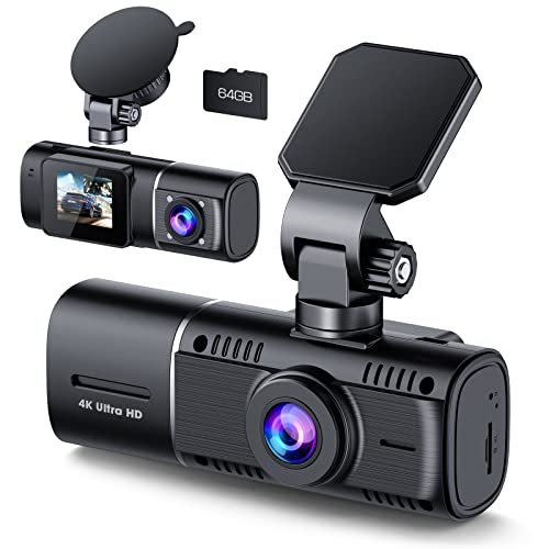 Dual Dash Cam 4K, Dash Cam Front and Inside, Dash Camera for Cars with 64GB SD Card, Infrared Night Vision, 1.5 inch IPS Screen, Loop Recording, Accident Lock, WDR, Parking Monitor for Taxi Driver