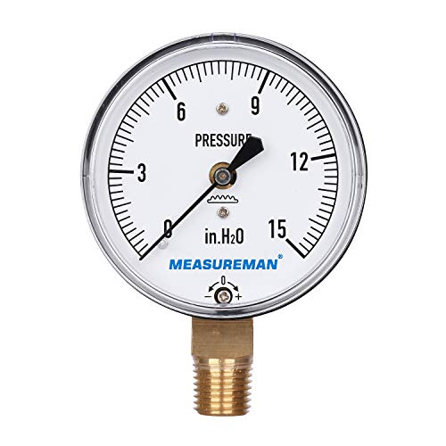 MEASUREMAN Diaphragm Type Capsule Low Pressure Gauge, 2-1/2" Dial, 1/4"NPT Lower Mount, Adjustable, 0-15 in H2O(Inches of Water)