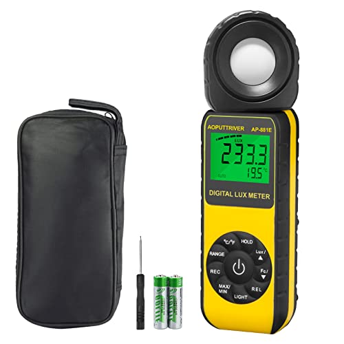 Light Meter, lux Meter AP-881E Recording Light Meter for Plants with Display 3999(Range from 1300,000Lux), Lux/Fc Unit, MAX/MIN, Back Light, Data Hold, Data Storage