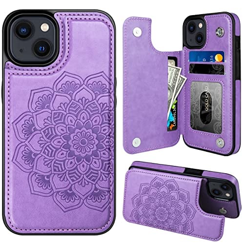 MMHUO for iPhone 14 Case with Card Holder, Flower Magnetic Back Flip Case for iPhone 14 Wallet Case for Women, Protective Case Phone Case for iPhone 14,Purple