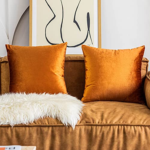 Home Brilliant Pillow Covers 18x18 Set of 2 Orange Velvet Throw Pillows Square Decorative Pillow Cases for Couch Bench Sofa, 45cm x 45cm(18 x 18 inches), Copper