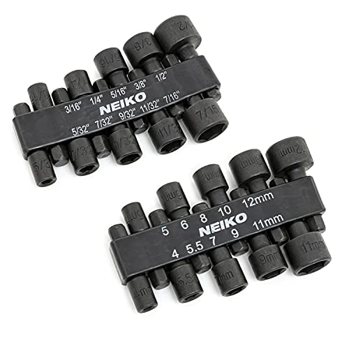 NEIKO 10068A Nut Driver Set, For Impact Drill and Driver, 20 Piece, 1/4 Hex Small Nut Driver Bit Set, Metric and Standard, 4-12 mm & 5/32-1/2, CR-V Steel, Nutsetter Driver Bits