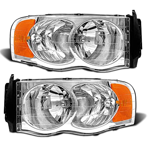 ADCARLIGHTS 2002 2003 2004 2005 Dodge Ram Headlight Assembly for 2002-2005 Dodge Ram 1500/2003-2005 Ram 2500 3500 Clear Lens Chrome Housing with Amber Reflector Headlamp Replacement Pair