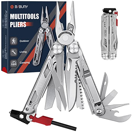 BIBURY Multitool Pliers, Upgraded 22-in-1 Stainless Steel Multi Tool with Flint, Window Breaker, Scissors, Back Clip, Folding Pocket Multifunctional Tool for Outdoor Survival Camping Hiking