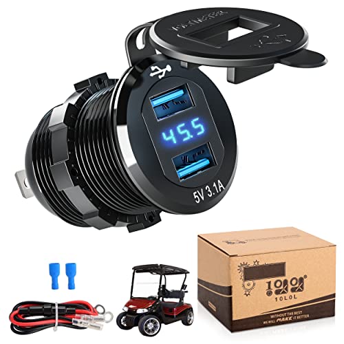 10L0L Golf Cart Quick Charge 3.1 Dual USB Charger,2 in 1 USB Ports & LED Display Voltage Meter Universal for Club Car,EZGO and Yamaha,Metal Shell Safe Charging Socket 9V-48V Wide Voltage Input