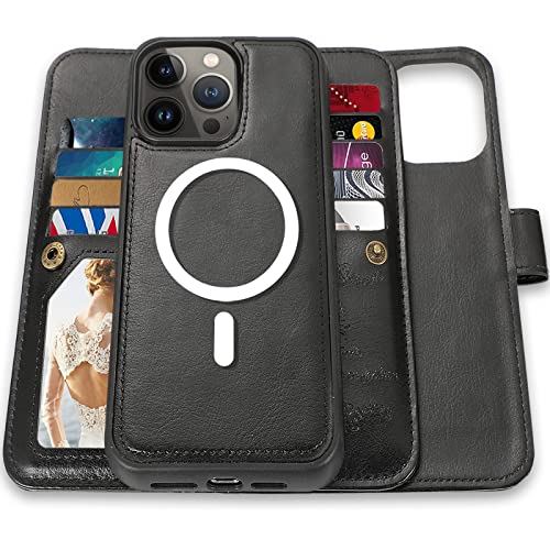 CASEOWL for iPhone 14 Pro Max Case Wallet, Support Magsafe Charger, 2 in 1 Magnetic Detachable Folio Leather Lanyard Wallet Case with 9 Card Slots [RFID Blocking], Hand Strap for Man Women (Black)
