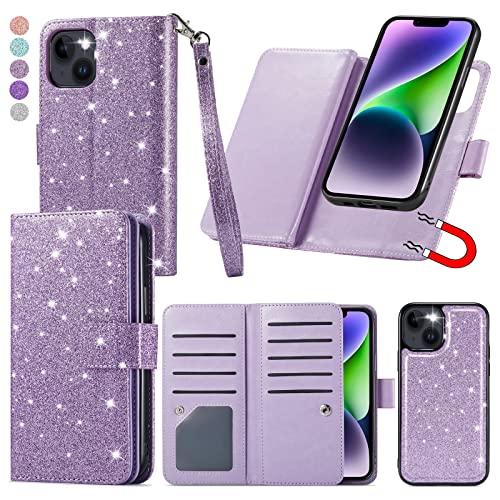 Varikke iPhone 14 Plus Wallet Case, Women's Glitter Leather with Card Holder, Magnetic Detachable & Strap [6.7"], Light Purple