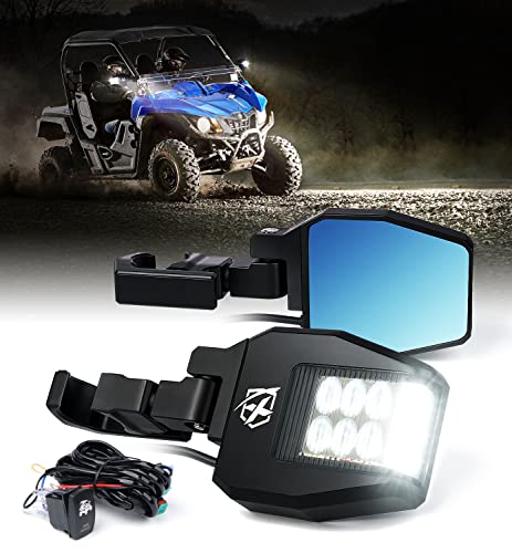 Xprite UTV Side View Mirrors Aluminium w/ LED Spot Light Smoke Lens Compatible with 1.75"-2" Roll Cage Bar for Pioneer Polaris RZR, Side by Side, Can Am X3, Kawasaki Teryx Mule, Yamaha Rhino Wolverine