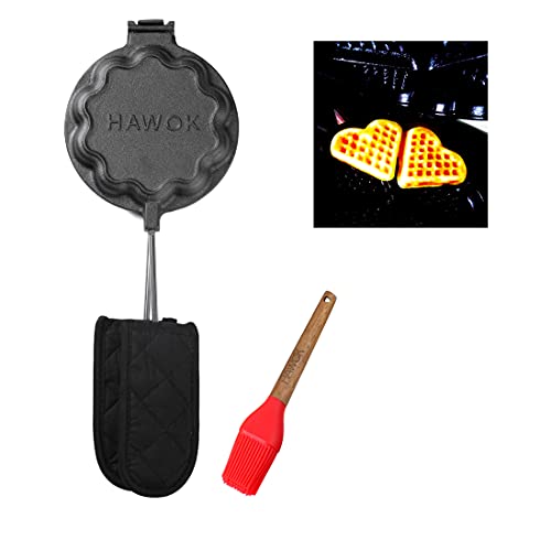 HAWOK Cast Iron Waffle Heart Shape Maker with Handle Hoder and Basting Brush