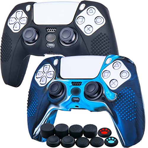 YoRHa Studded Silicone Cover Skin Case for PS5 Dualsense Controller x 2(Black+Camouflage Blue) with Pro Thumb Grips x 10