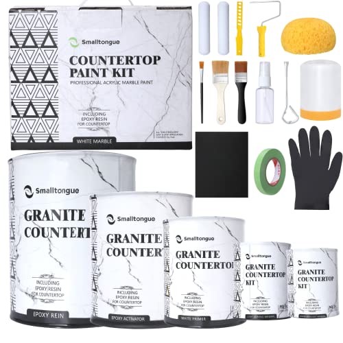 Smalltongue Countertop Paint Kit, White Marble Epoxy Countertop Paint Kit(Including Epoxy Resin), All-IN-ONE Set, Cover Up to 35 SQ. FT., For Marble, Granite, Formica, Laminate, Ceramic Tile etc.