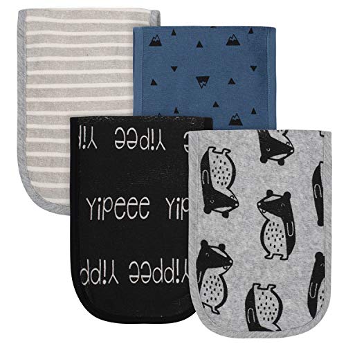 Grow by Gerber Baby Boys Terry Burp Cloths, Black/White/Grey/Blue, One Size , (Pack of 4)