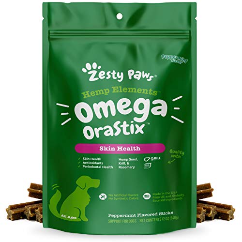 Zesty Paws OraStix for Dogs  Omega Sticks with Hemp Salmon Krill Oil Bone Broth Anti Itch Skin Coat Care Hip & Joint Health Heart Immune System Support Dog Tartar Teeth Cleaning 12oz