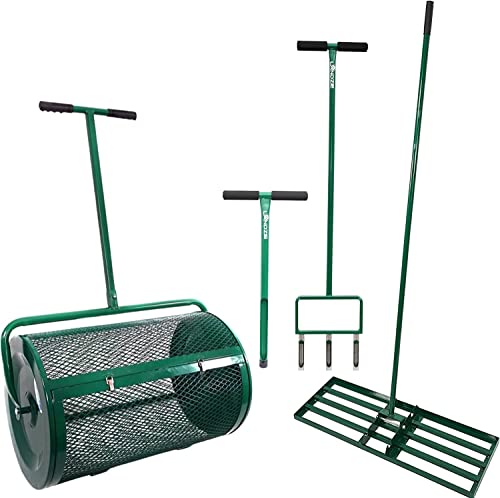 Landzie 4-Step Compost and Peat Moss Spreader Lawn Care System - Set Includes 24" Lawn and Garden Spreader with Soil Sample Probe, Hollow Tine Fork Aerator, and Landzie & Ryan Knorr Lawn Level Rake