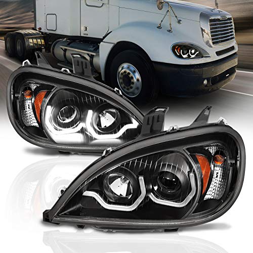 AmeriLite Black Projector Replacement Headlights Dual LED Bar Set For Freightliner Columbia (Pair) High/Low Beam Bulb Included