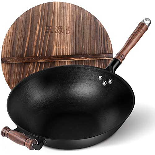 WANGYUANJI Cast Iron Wok Pan 14.2" Large Wok Stir Fry Pan Flat Bottom Wok with Lid and Wood Handle,Suitable for All Cooktops, Uncoated Craft Wok Healthy Cooking Wok-Practical Gift