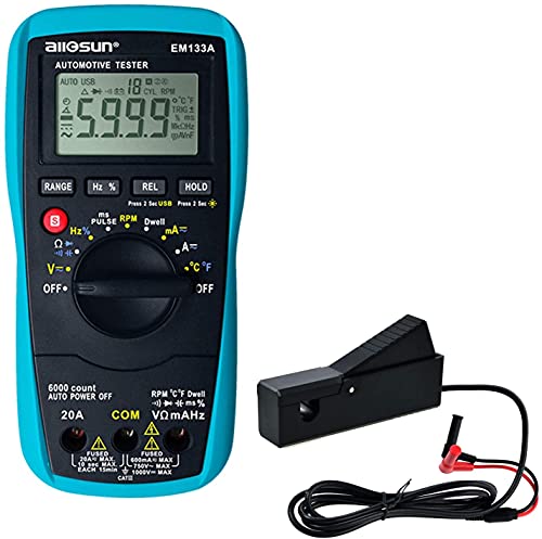 allsun Automotive Dwell Meter Digital Multimeter Autoranging TRMS 5999 Counts ACA/DCA Max.20A for RPM Dwell Angle Pulse Width Tach Temperature Duty Cycle Data Hold Test,Meter to PC