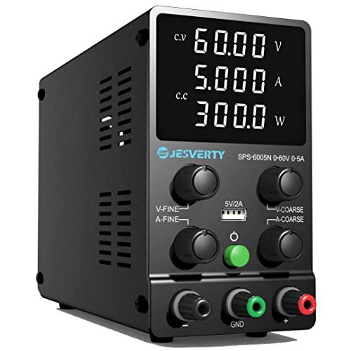 DC Power Supply Variable, 60V 5A Adjustable Switching Regulated DC Bench Power Supply with High Precision 4-Digits LED Display, 5V/2A USB Port, Coarse and Fine Adjustments Jesverty SPS-6005N