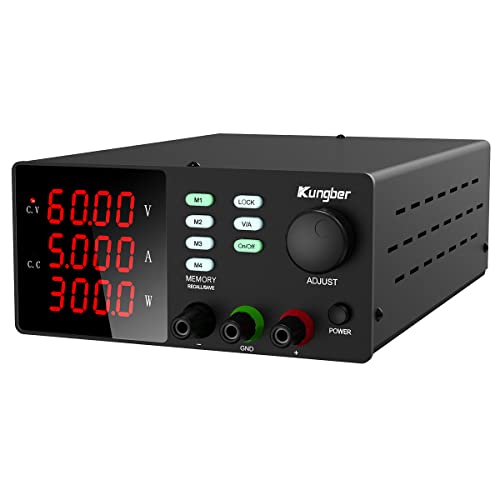 Kungber DC Power Supply Variable with Memory, 60V 5A Adjustable Switching Regulated DC Bench Linear Power Supply with Memory Recall and Output Disable Button 4 Digits Display and Alligator Leads