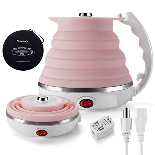 Travel Foldable Electric Kettle - Food Grade Silicone - Meonxy Collapsible Portable Tea Kettle - Boil Dry Protection - Dual Voltage and Separable Power Cord - 555ml - 110/220V